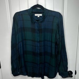 LOFT | Women’s Ruffle Blue & Green Tartan Button Down Shirt/Top, Size M